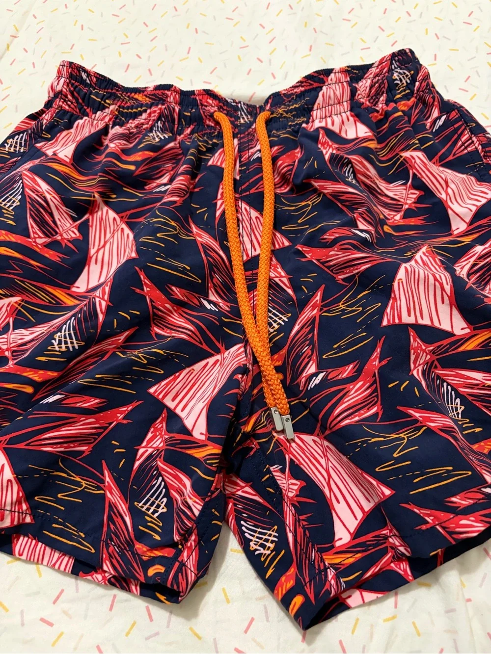 Vilebrequin Navy Swim Trunks with Pink and Orange Pattern